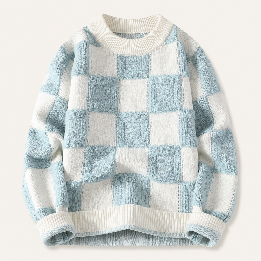 Pull homme damier en relief bleu glacier / écru – packshot face