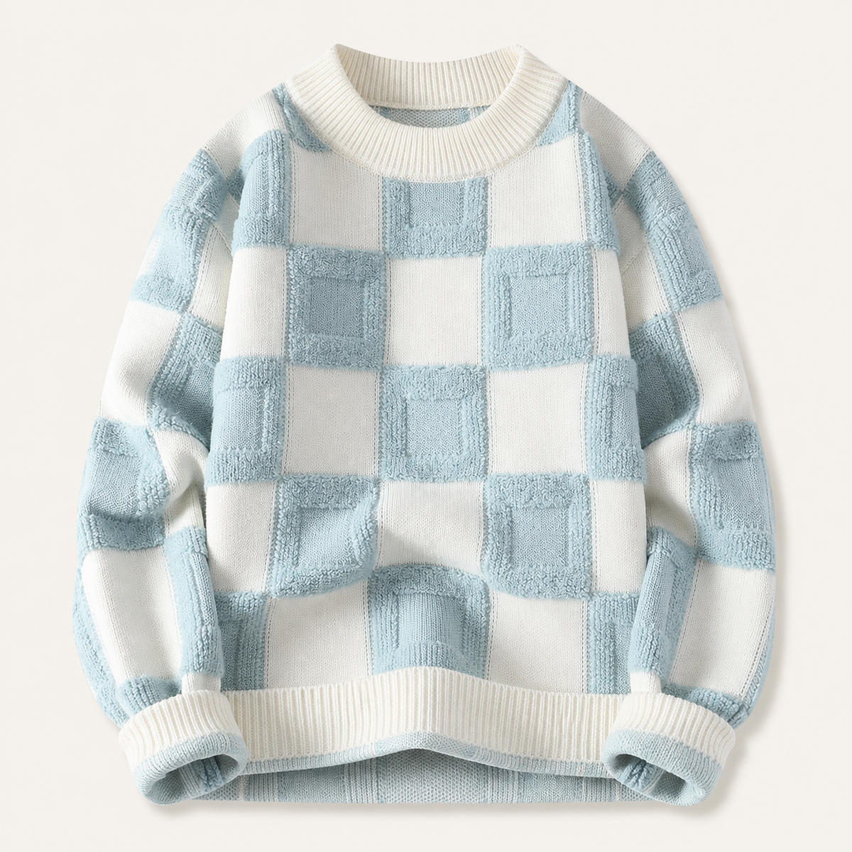 Pull homme damier en relief bleu glacier / écru – packshot face