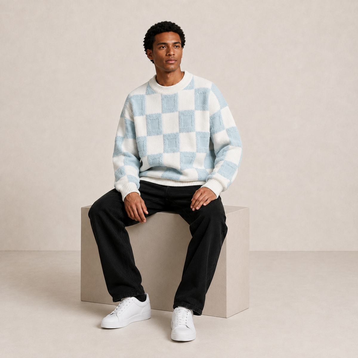 Pull homme damier en relief bleu glacier / écru – porté, vue assis