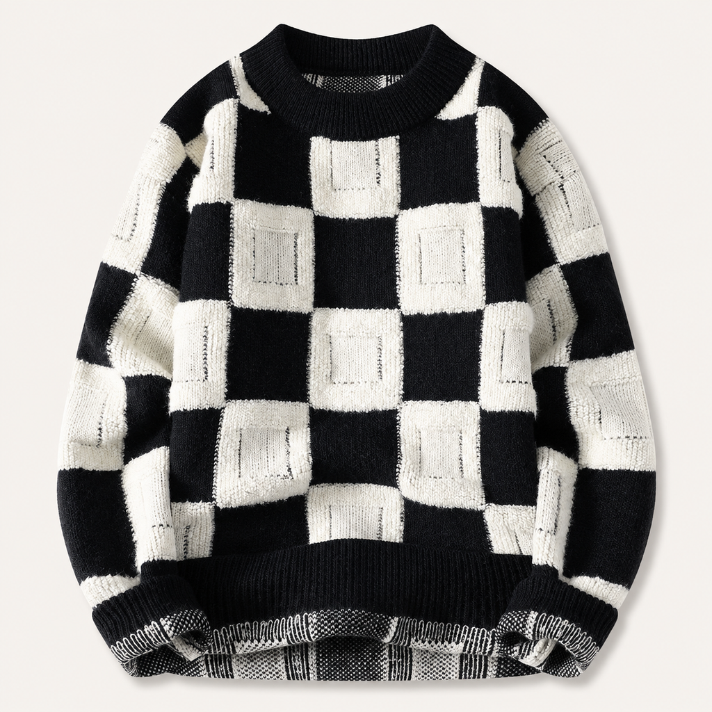 Pull homme damier en relief noir / écru – packshot face