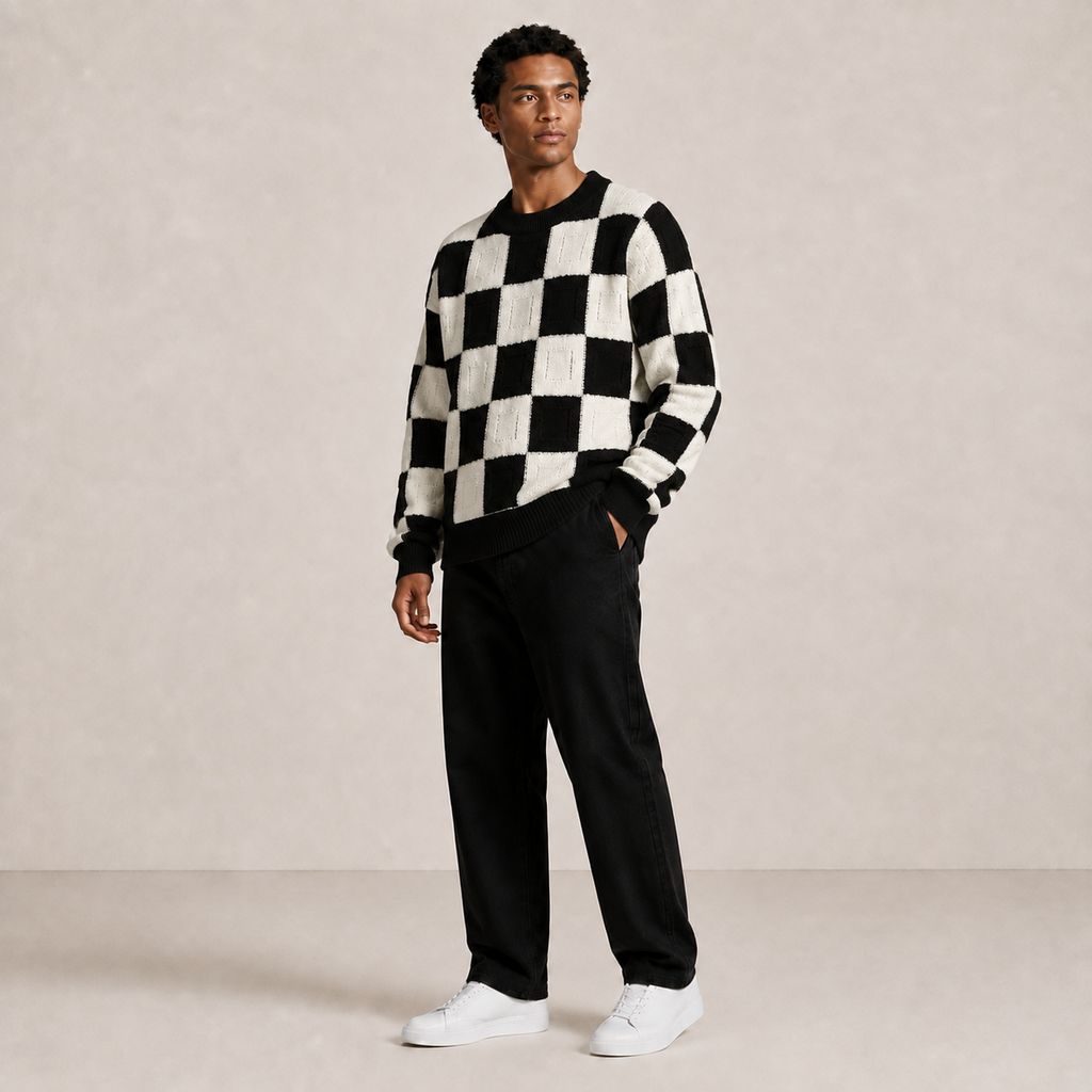 Pull homme damier en relief noir / écru – porté, vue 3/4