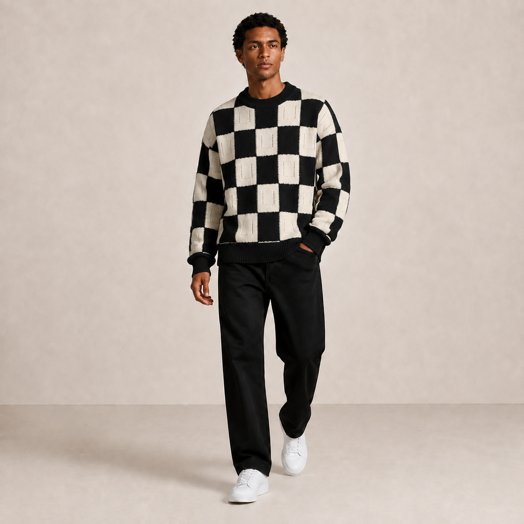 Pull homme damier en relief noir / écru – porté, vue marche