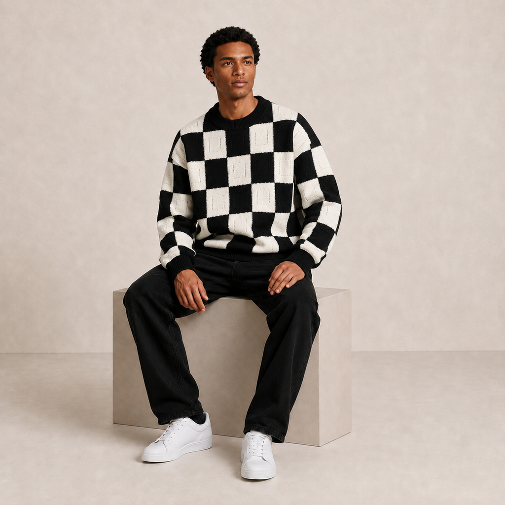Pull homme damier en relief noir / écru – porté, vue assis