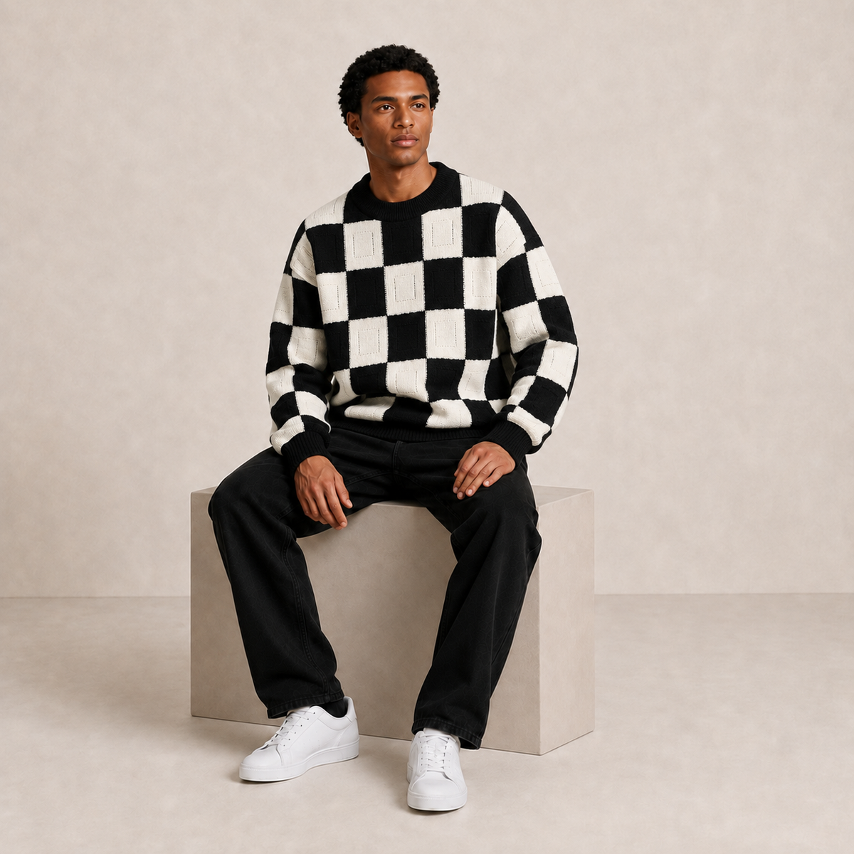 Pull homme damier en relief noir / écru – porté, vue assis