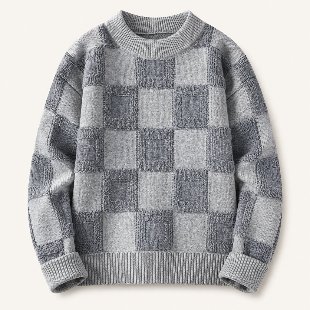 Pull homme damier en relief gris chiné – packshot face