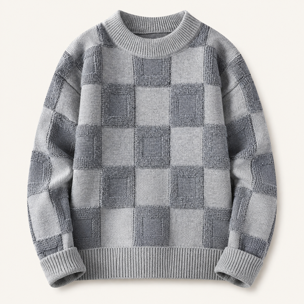 Pull homme damier en relief gris chiné – packshot face