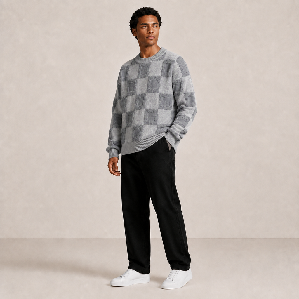 Pull homme damier en relief gris chiné – porté, vue 3/4
