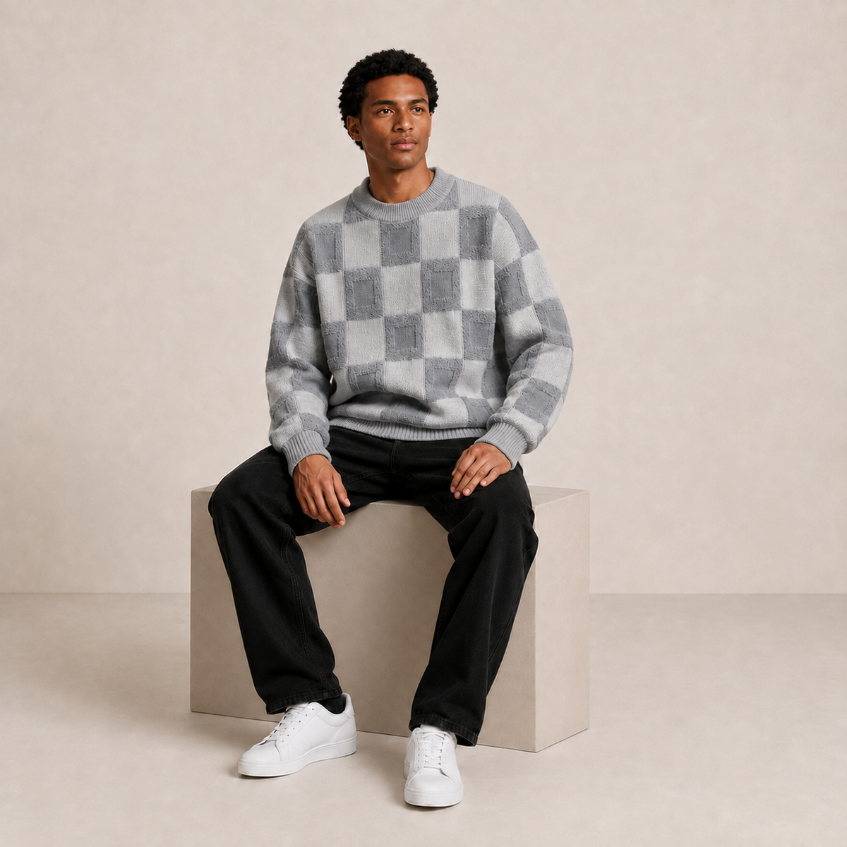 Pull homme damier en relief gris chiné – porté, vue assis