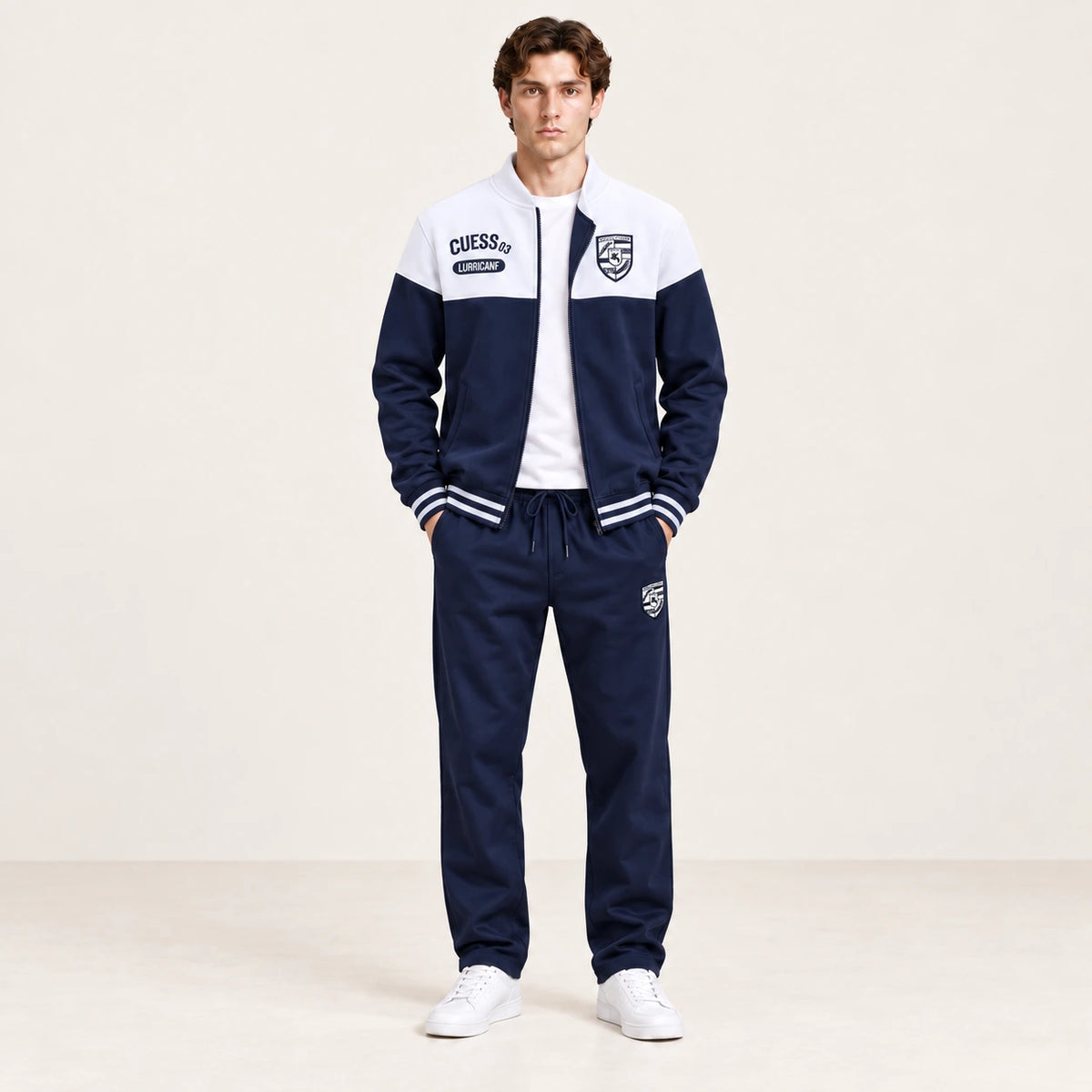 Ensemble de survêtement esprit baseball blanc et bleu marine, porté de face en studio ivoire