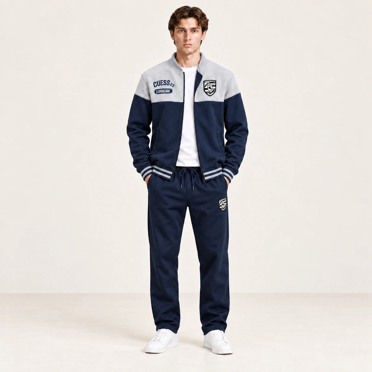 Ensemble de survêtement esprit baseball gris clair et bleu marine, porté de face en studio ivoire