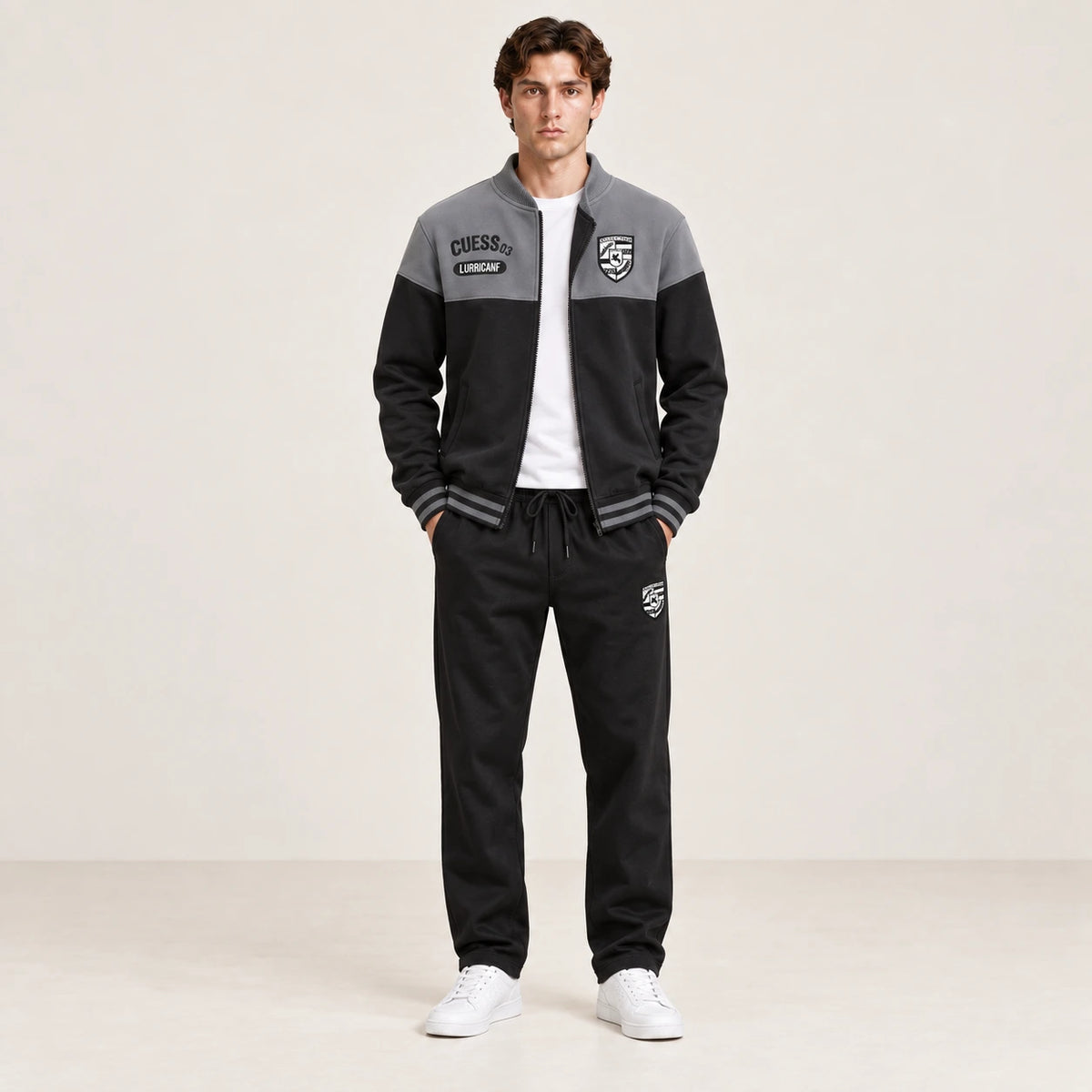 Ensemble de survêtement esprit baseball gris et noir, porté de face en studio ivoire
