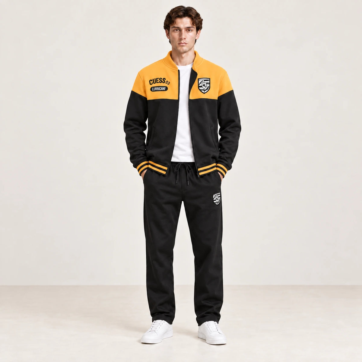 Ensemble de survêtement esprit baseball jaune et noir, porté de face en studio ivoire