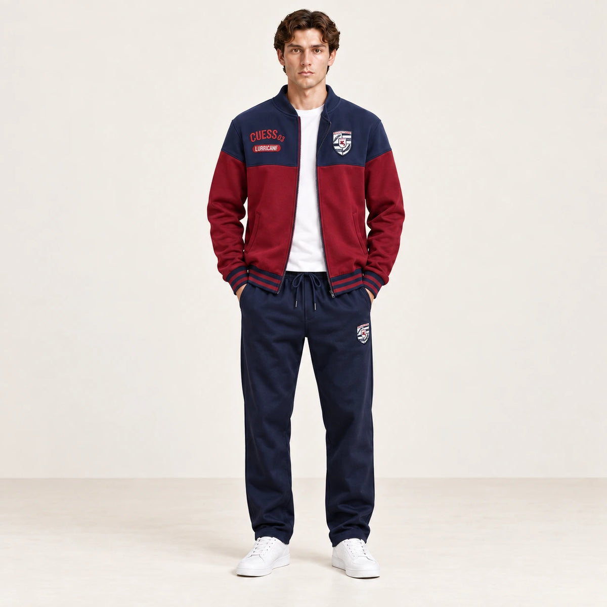 Ensemble de survêtement esprit baseball rouge et bleu marine, porté de face en studio ivoire