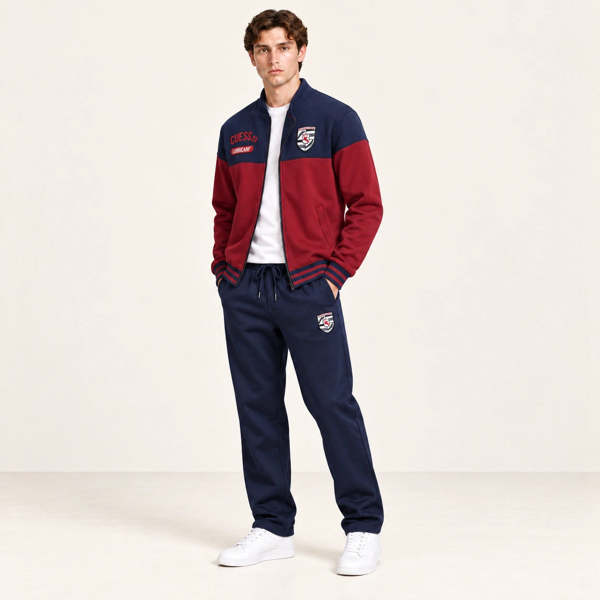 Ensemble de survêtement esprit baseball rouge et bleu marine, porté en vue trois-quarts en studio ivoire