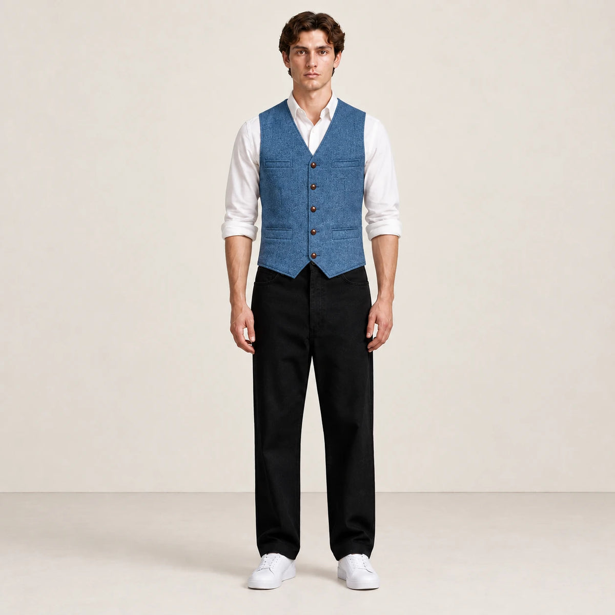 Gilet bleu clair à boutons porté de face dans le studio IVAREE.