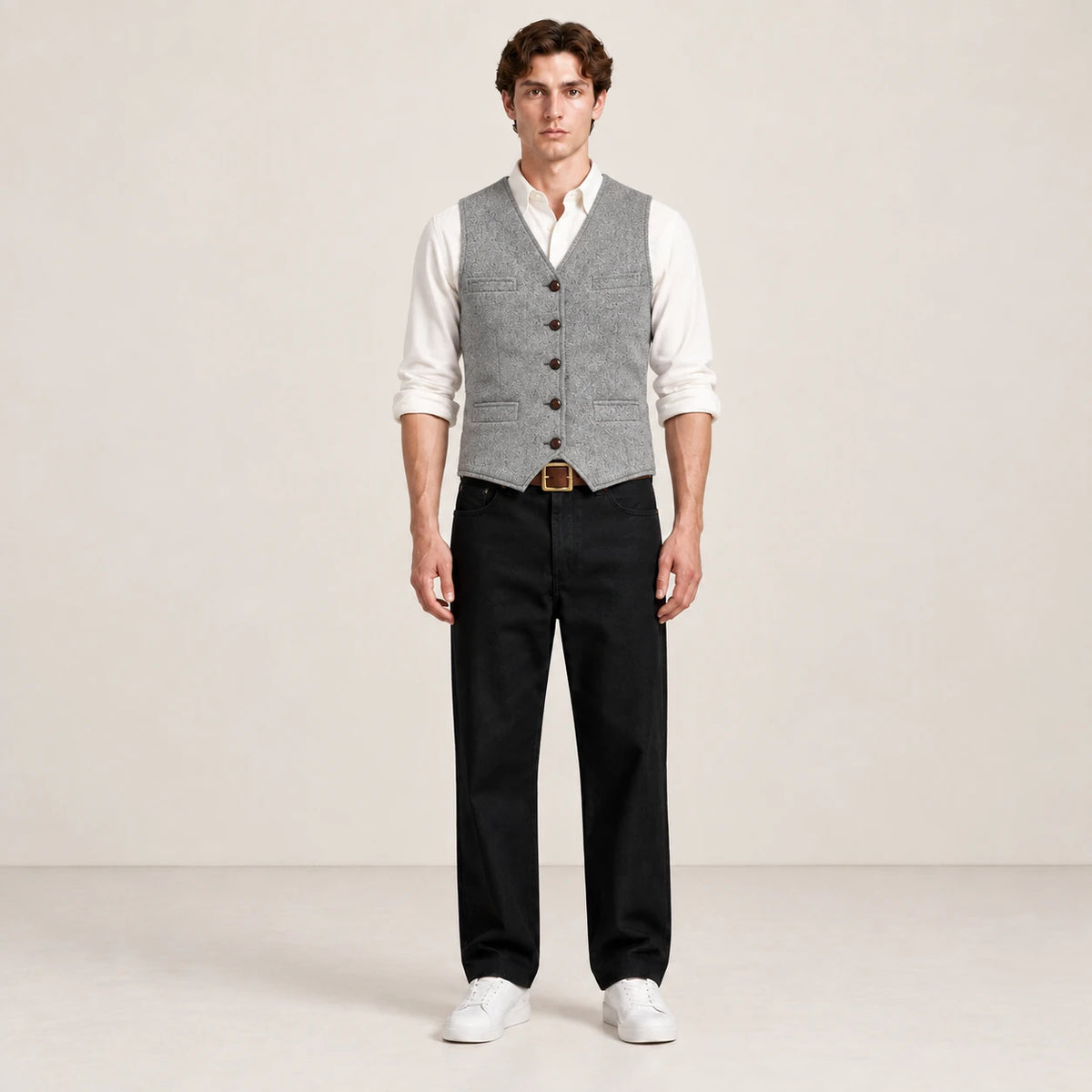 Gilet gris à boutons porté de face dans le studio IVAREE.
