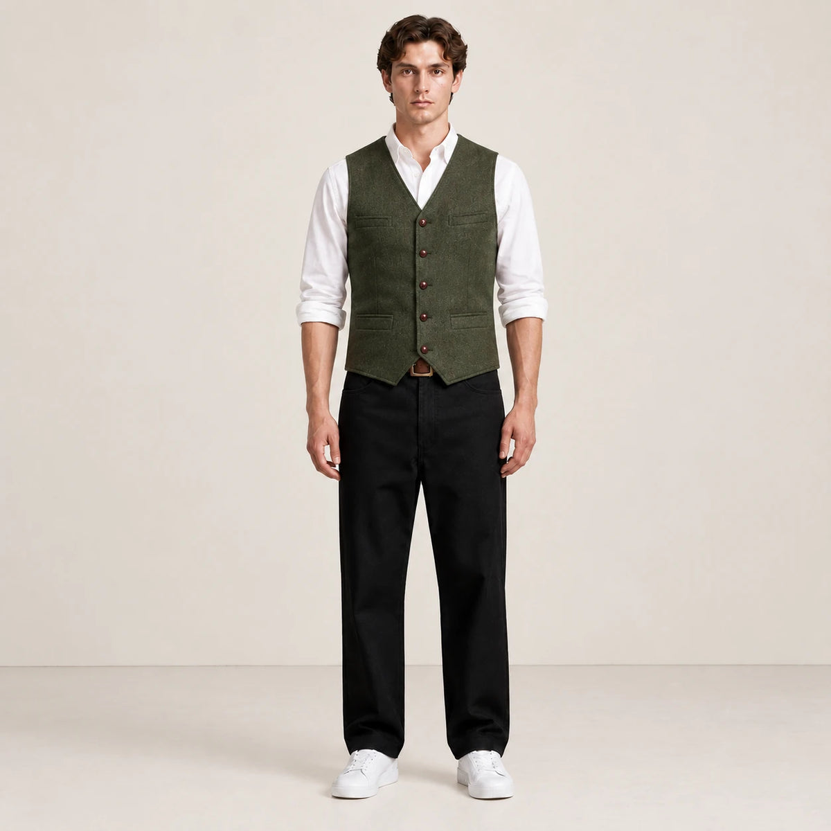 Gilet vert à boutons porté de face dans le studio IVAREE.