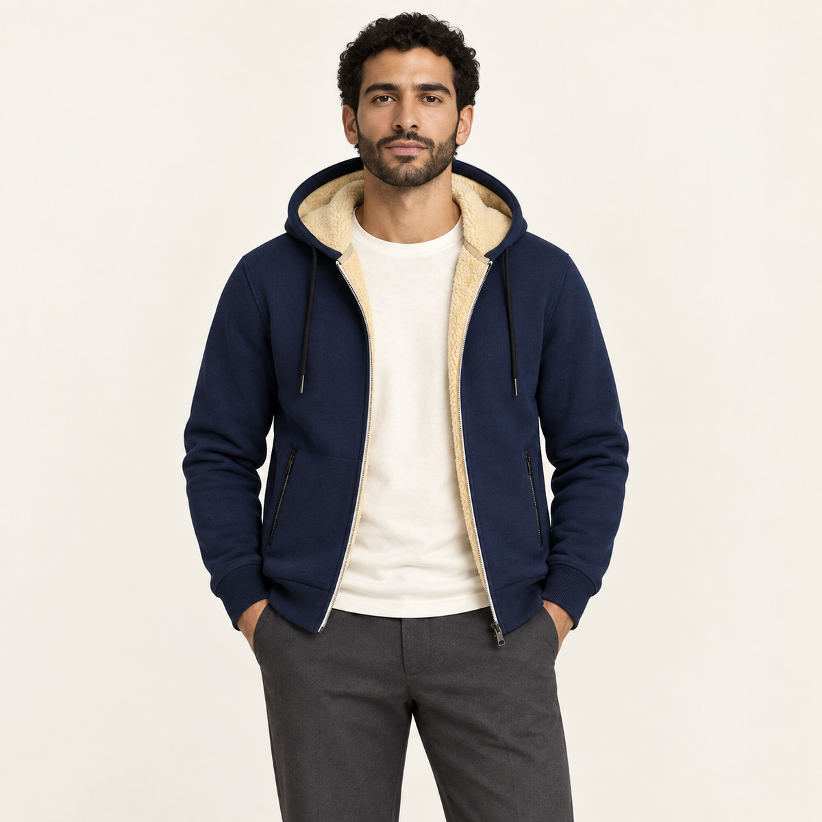 Gilet à capuche effet sherpa bleu marine porté par un mannequin IVAREE, vue de face