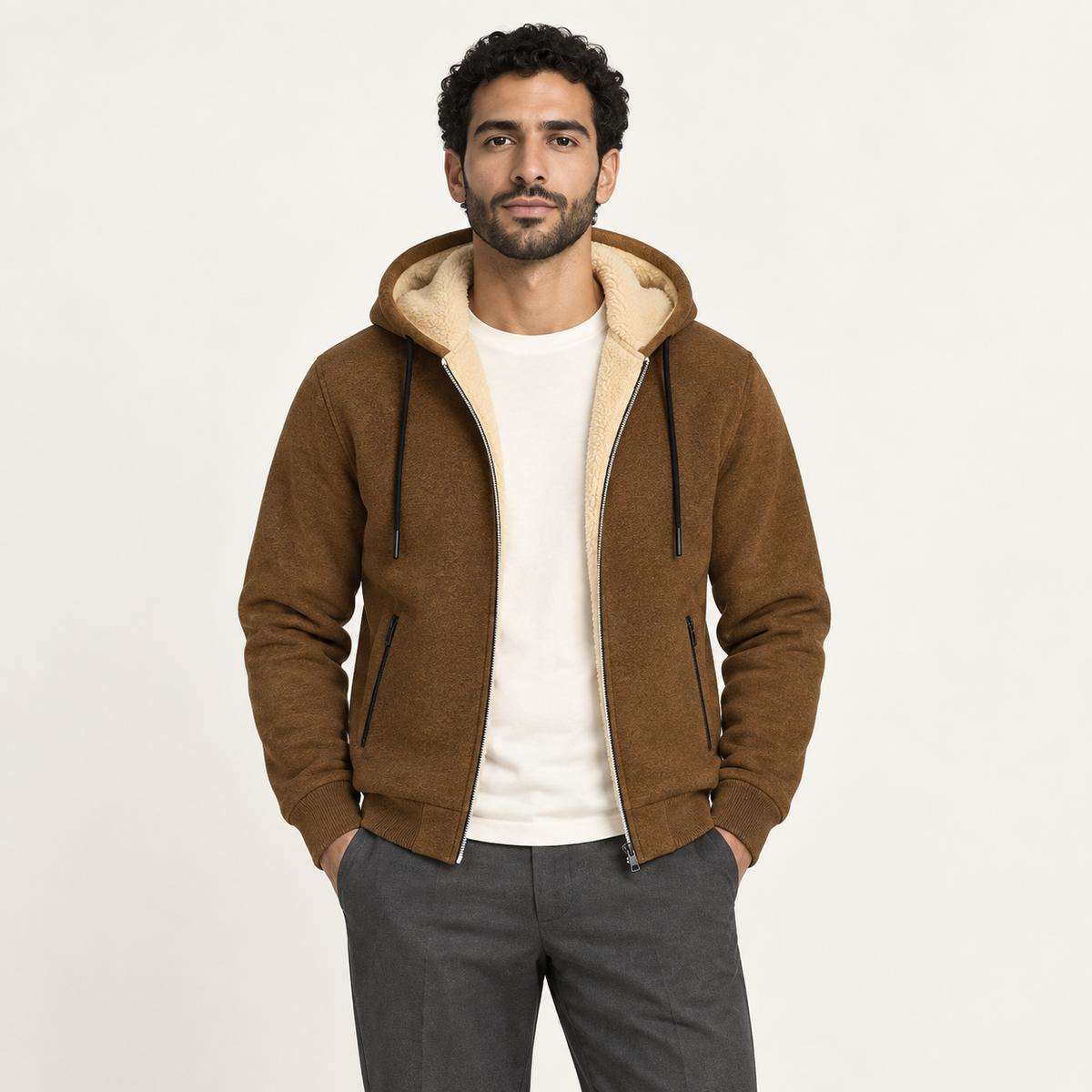Gilet à capuche effet sherpa marron porté par un mannequin IVAREE, vue de face