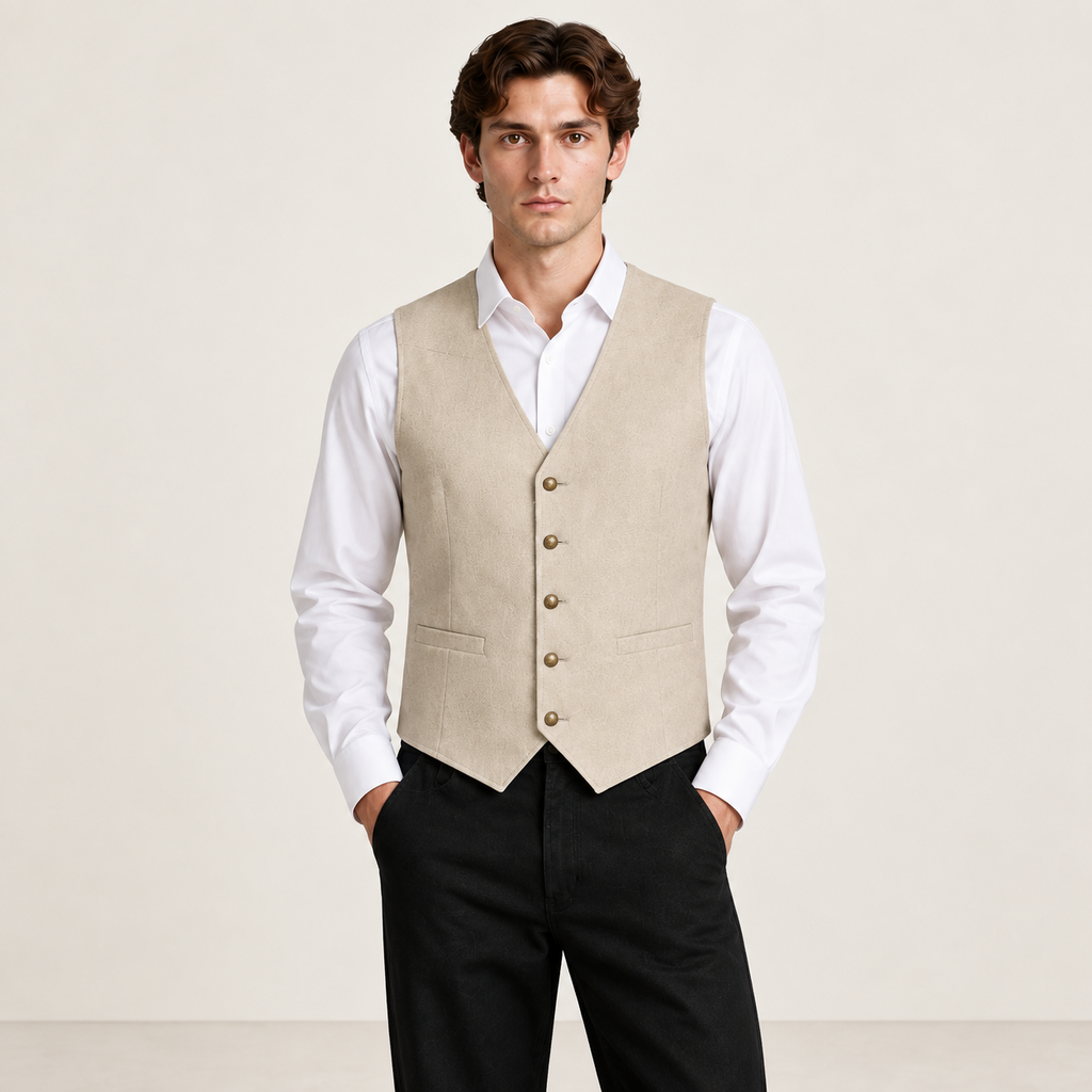 Détail du gilet de costume beige IVAREE