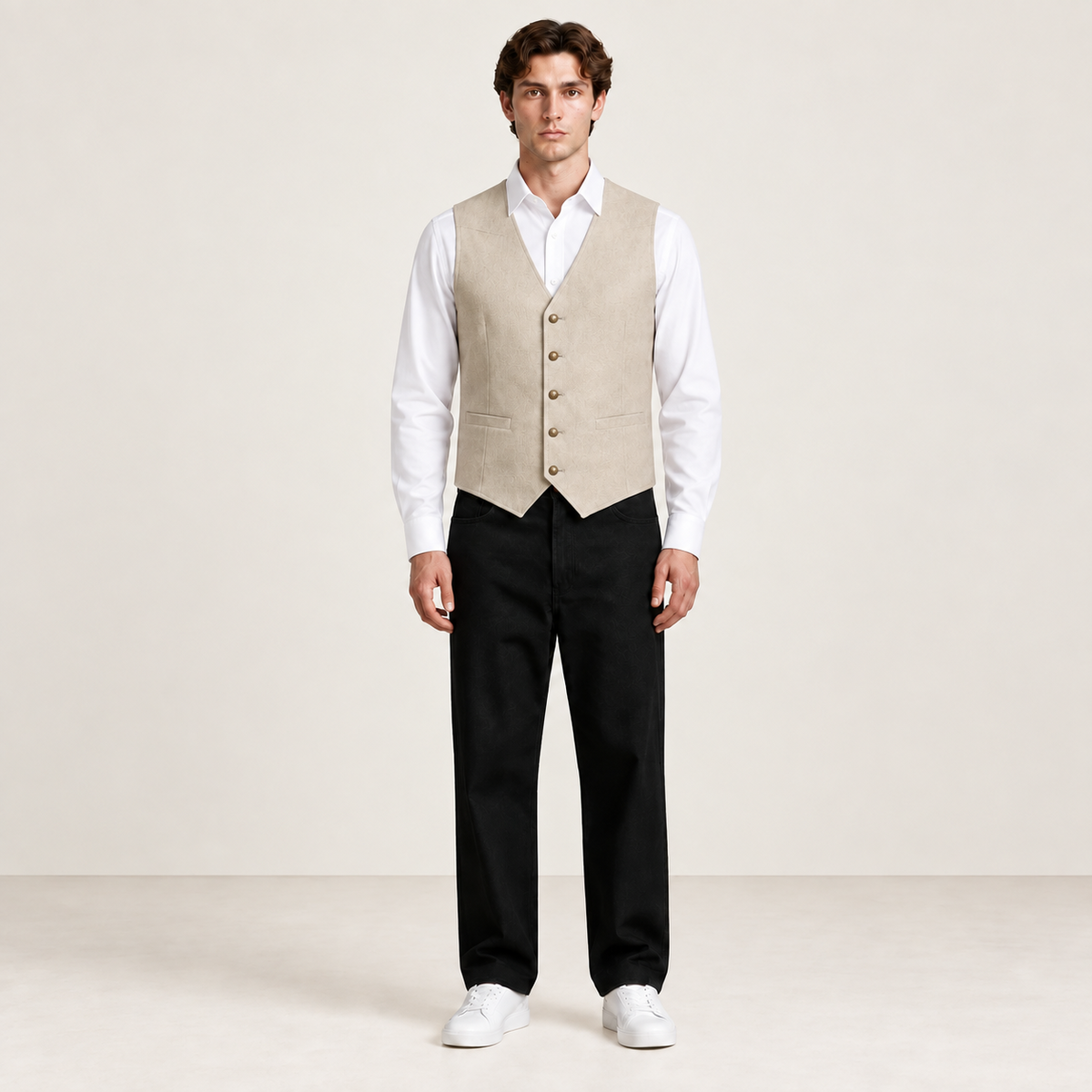 Vue de face du gilet de costume beige IVAREE