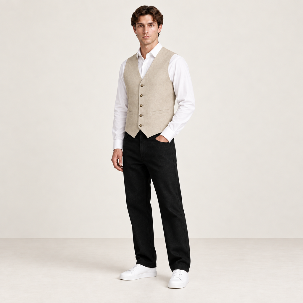 Vue trois-quarts du gilet de costume beige IVAREE