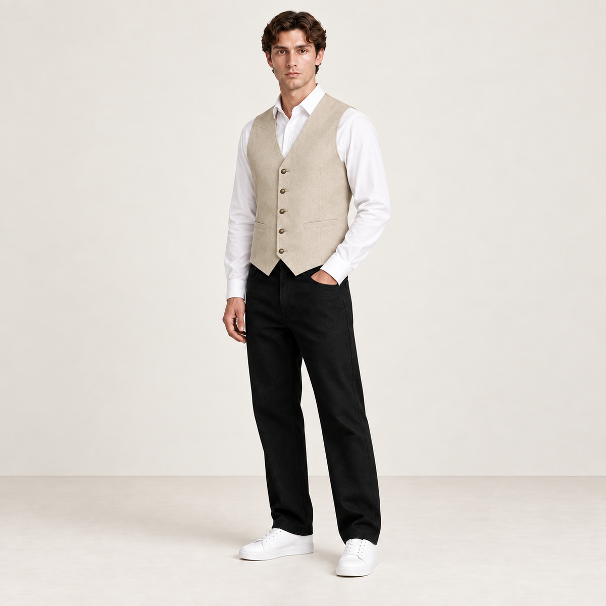 Vue trois-quarts du gilet de costume beige IVAREE