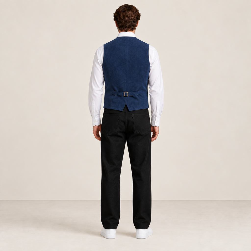 Vue de dos du gilet de costume bleu marine IVAREE