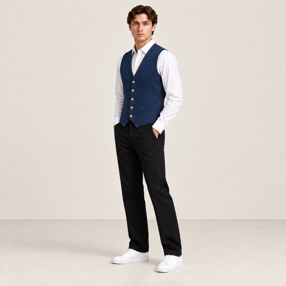 Vue trois-quarts du gilet de costume bleu marine IVAREE
