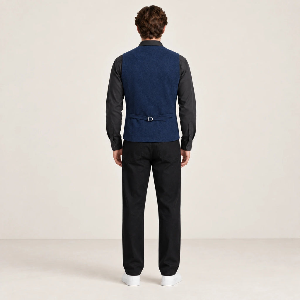 Gilet de costume bleu marine à col V et patte de réglage, vu de dos dans le studio IVAREE.