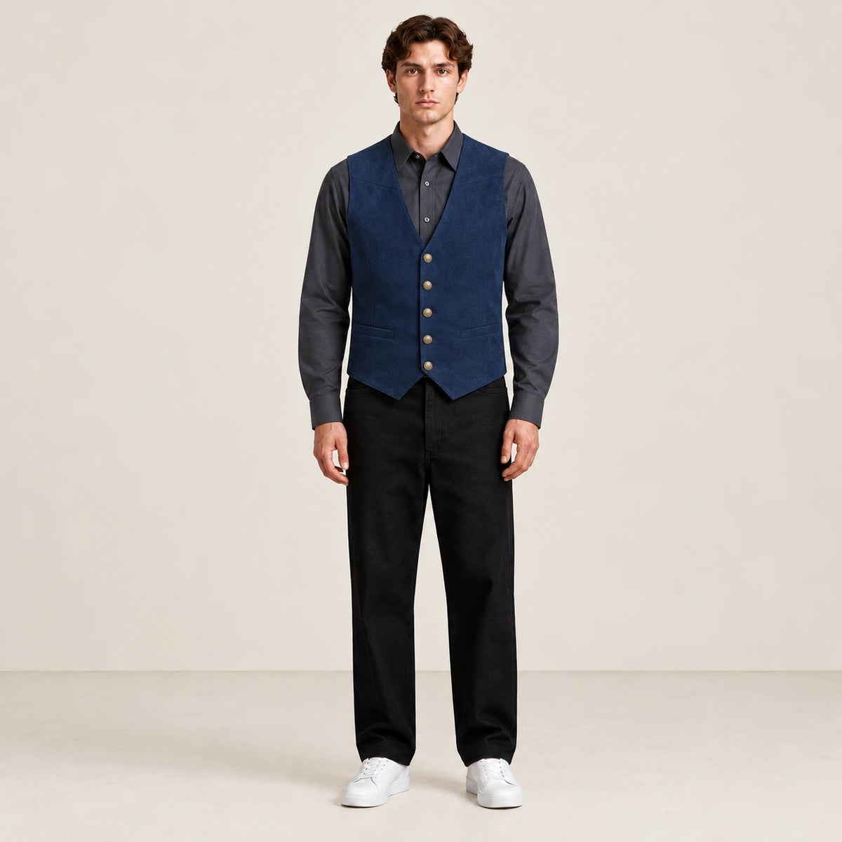 Gilet de costume bleu marine à col V et boutons métal, porté de face dans le studio IVAREE.