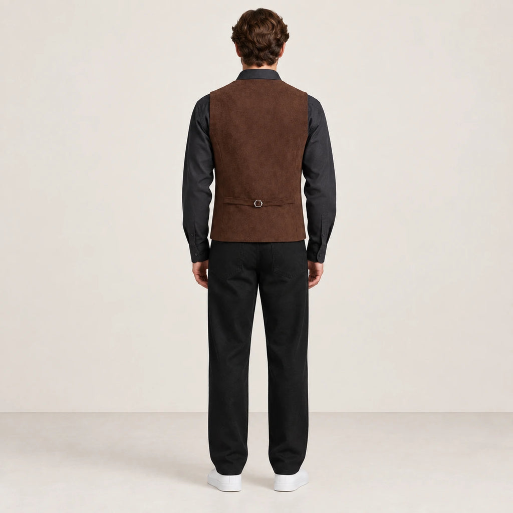 Gilet de costume café à col V et patte de réglage, vu de dos dans le studio IVAREE.