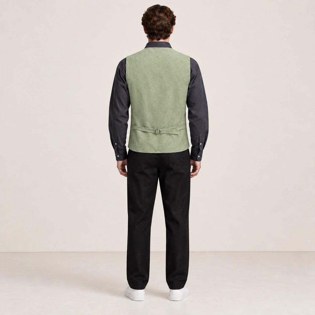 Gilet de costume matcha à col V et patte de réglage, vu de dos dans le studio IVAREE.
