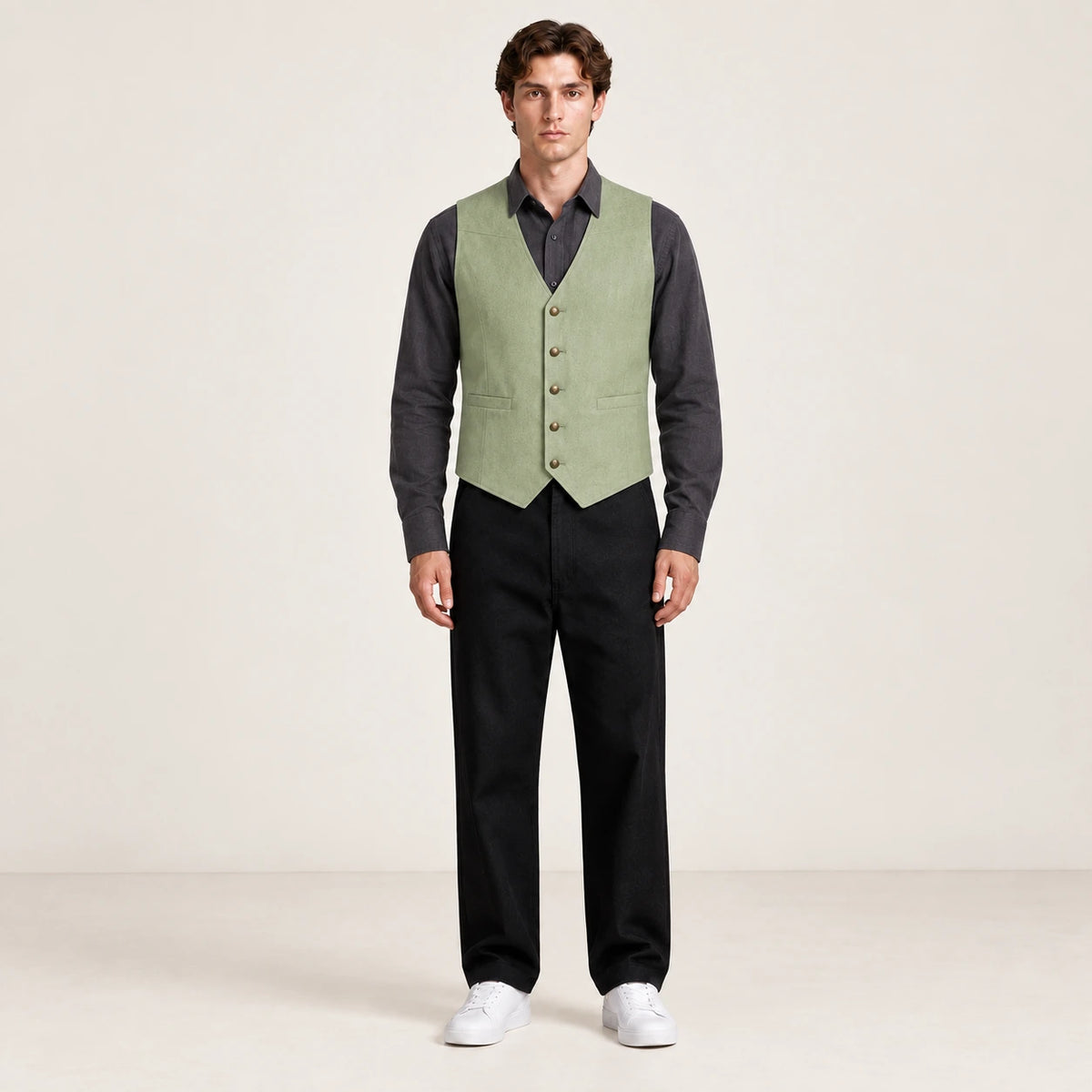 Gilet de costume matcha à col V et boutons métal, porté de face dans le studio IVAREE.