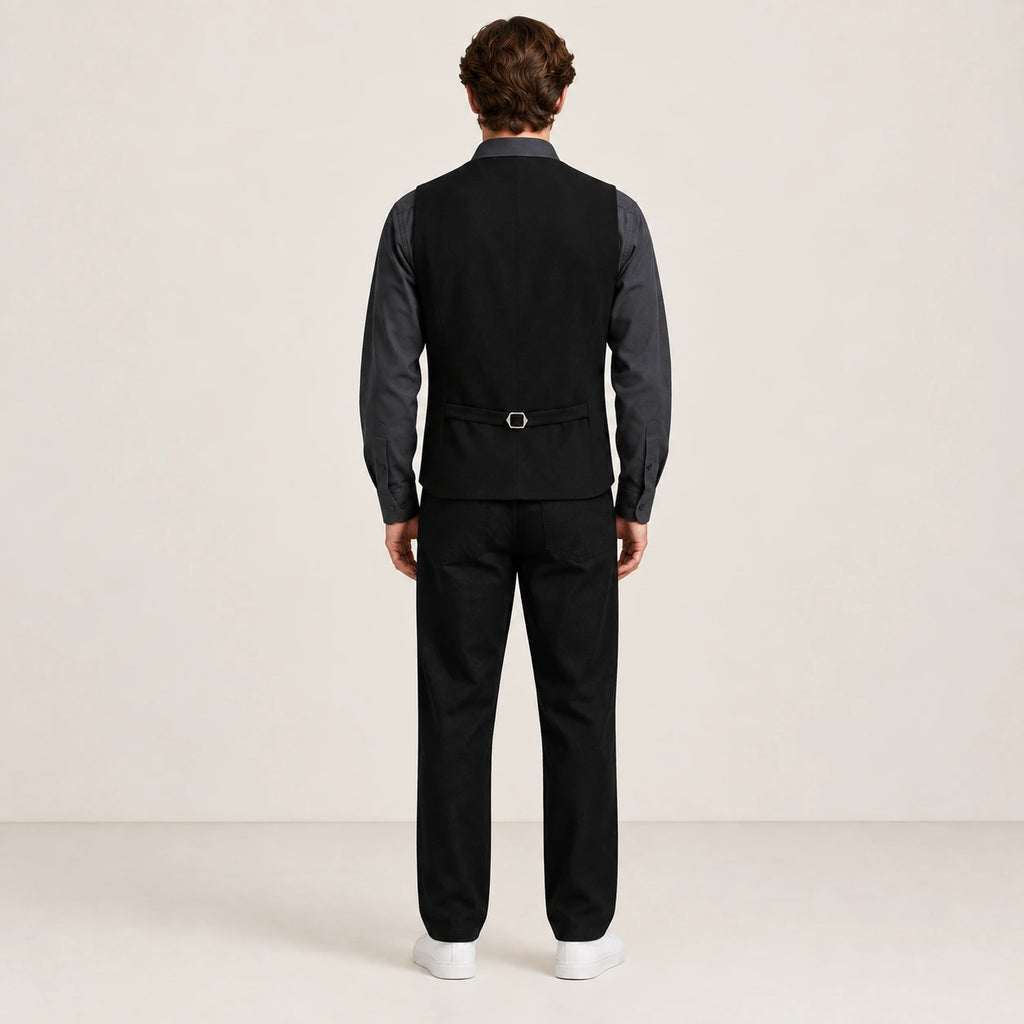 Gilet de costume noir à col V et patte de réglage, vu de dos dans le studio IVAREE.