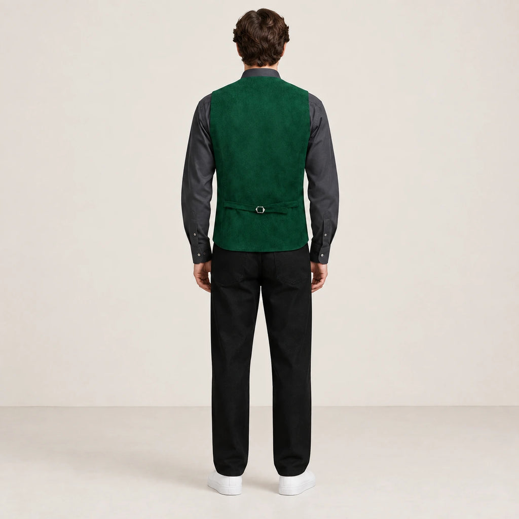 Gilet de costume vert foncé à col V et patte de réglage, vu de dos dans le studio IVAREE.