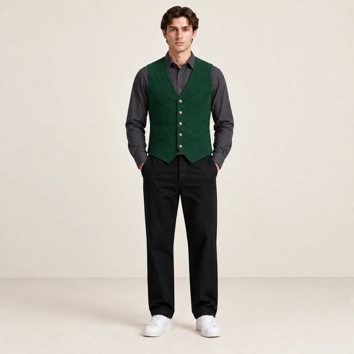 Gilet de costume vert foncé à col V et boutons métal, porté de face dans le studio IVAREE.