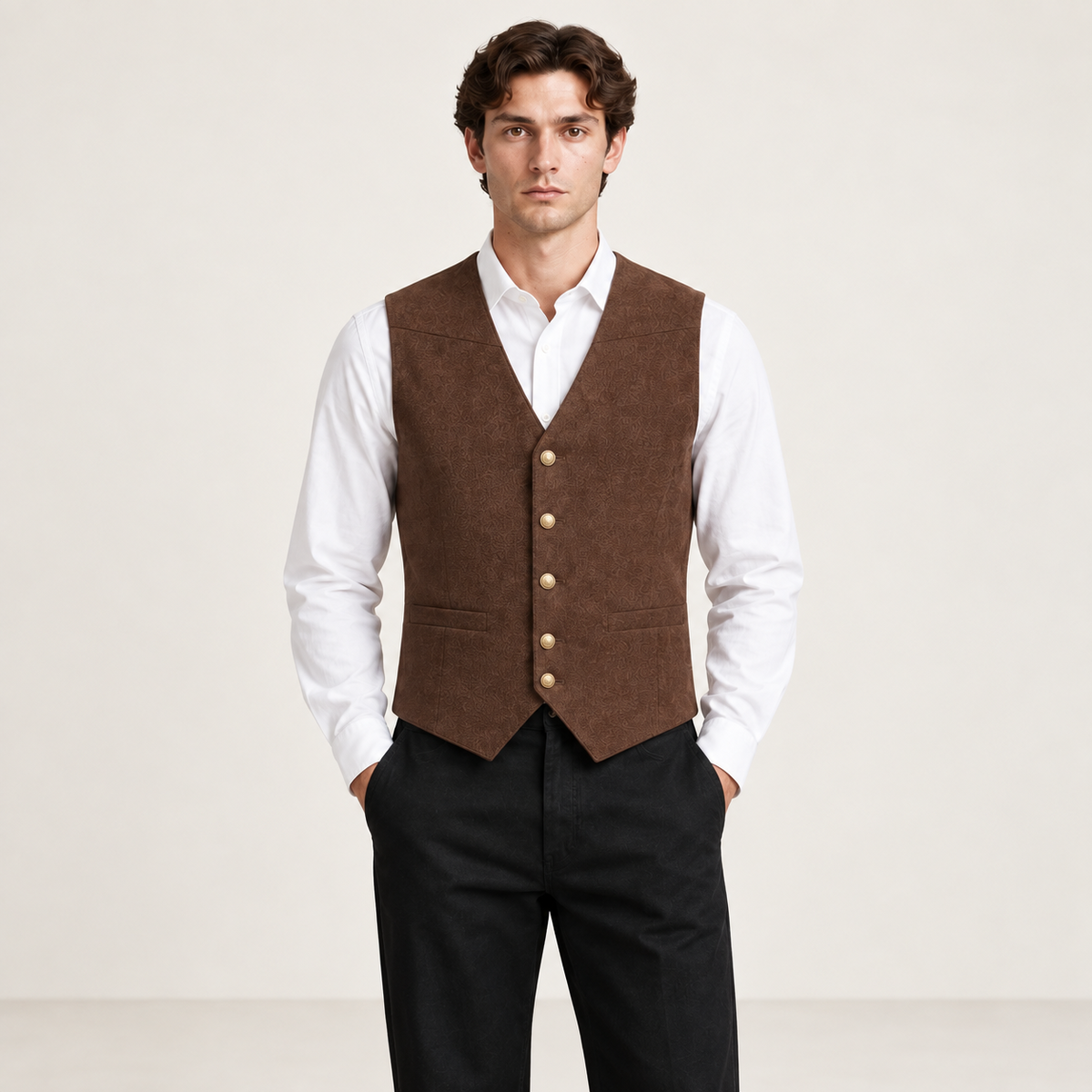 Détail du gilet de costume café IVAREE