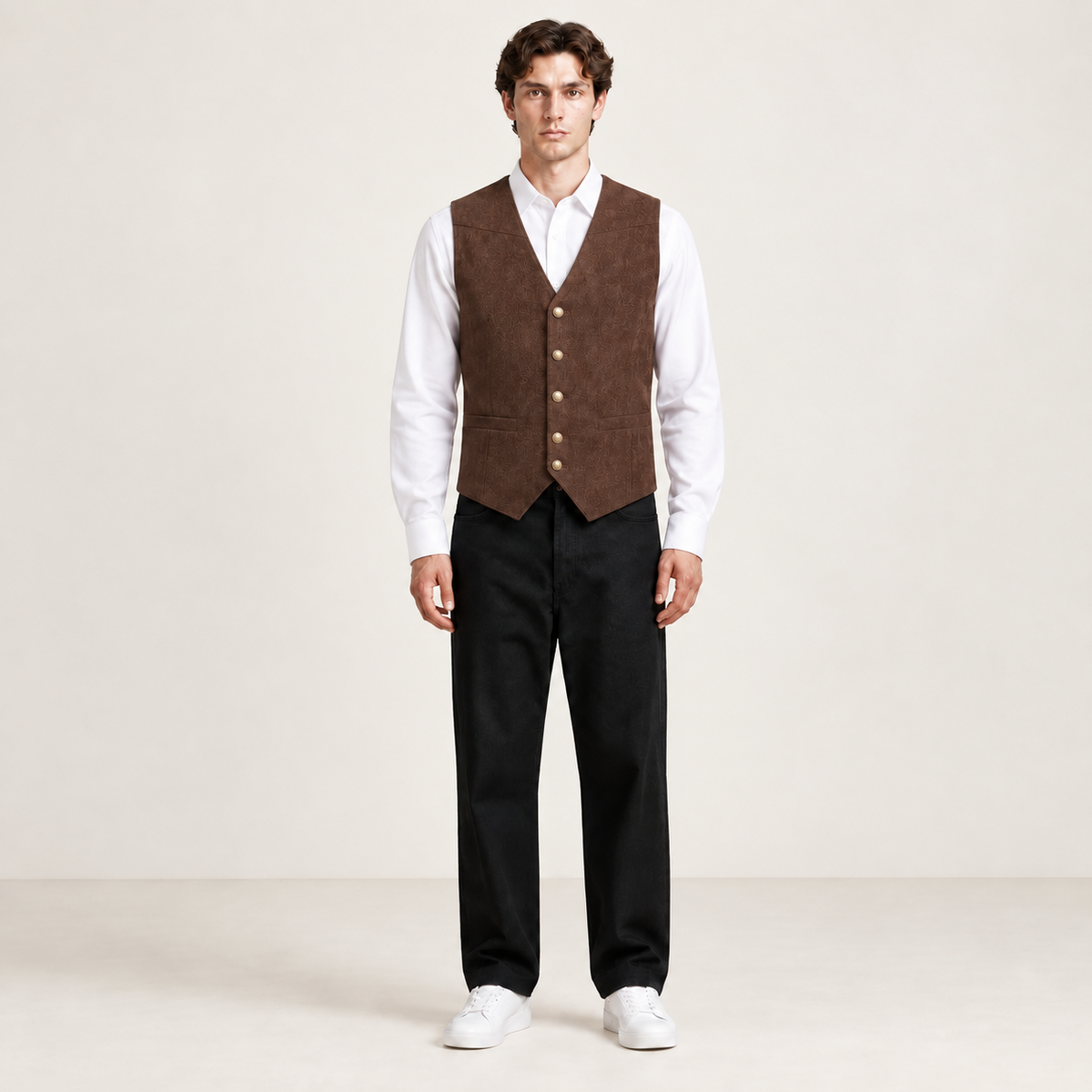 Vue de face du gilet de costume café IVAREE