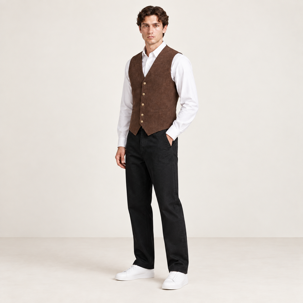 Vue trois-quarts du gilet de costume café IVAREE