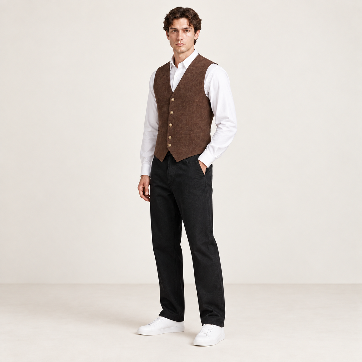 Vue trois-quarts du gilet de costume café IVAREE
