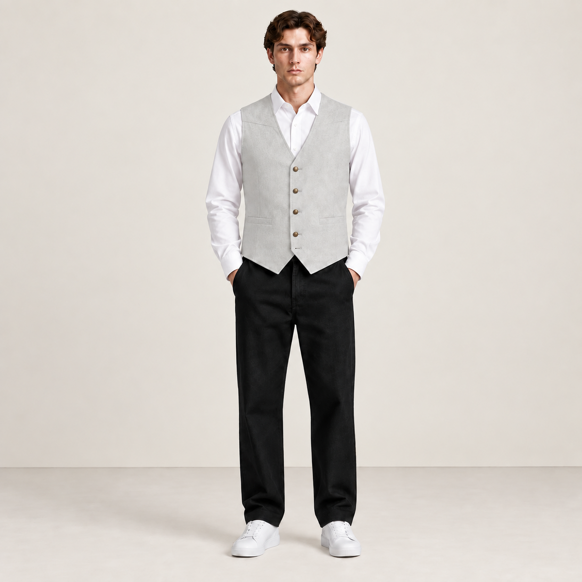 Vue de face du gilet de costume gris clair IVAREE