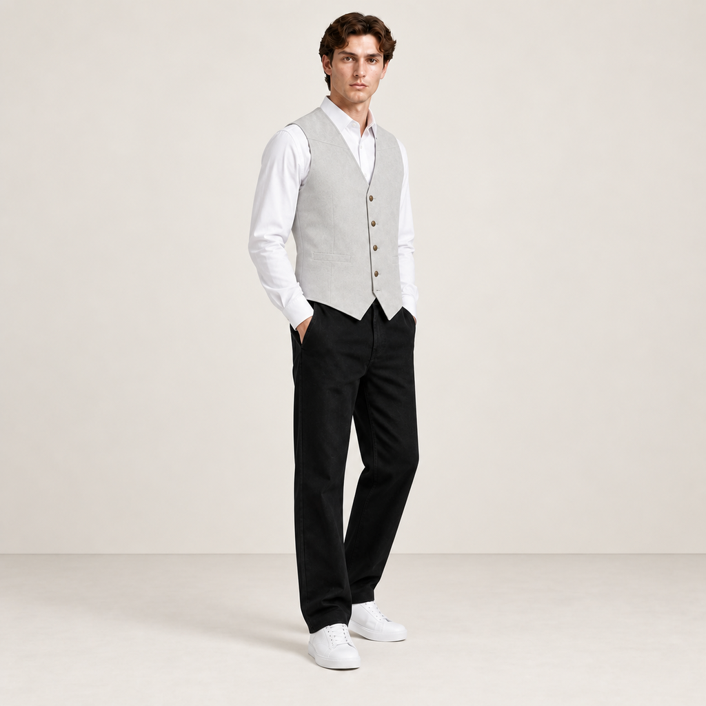 Vue trois-quarts du gilet de costume gris clair IVAREE