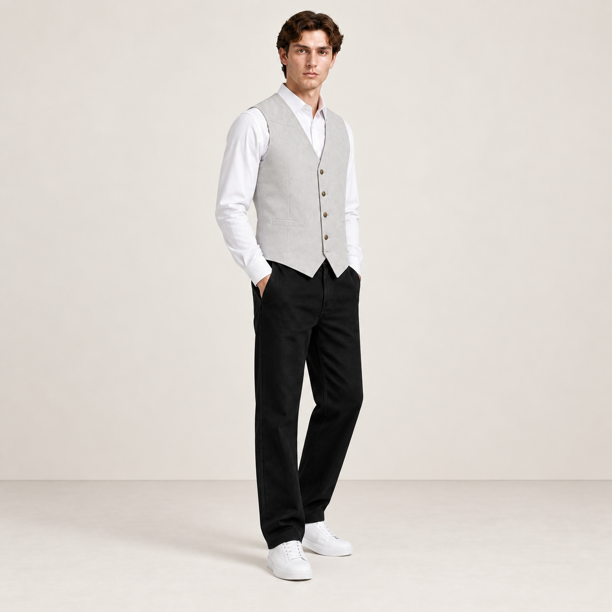 Vue trois-quarts du gilet de costume gris clair IVAREE