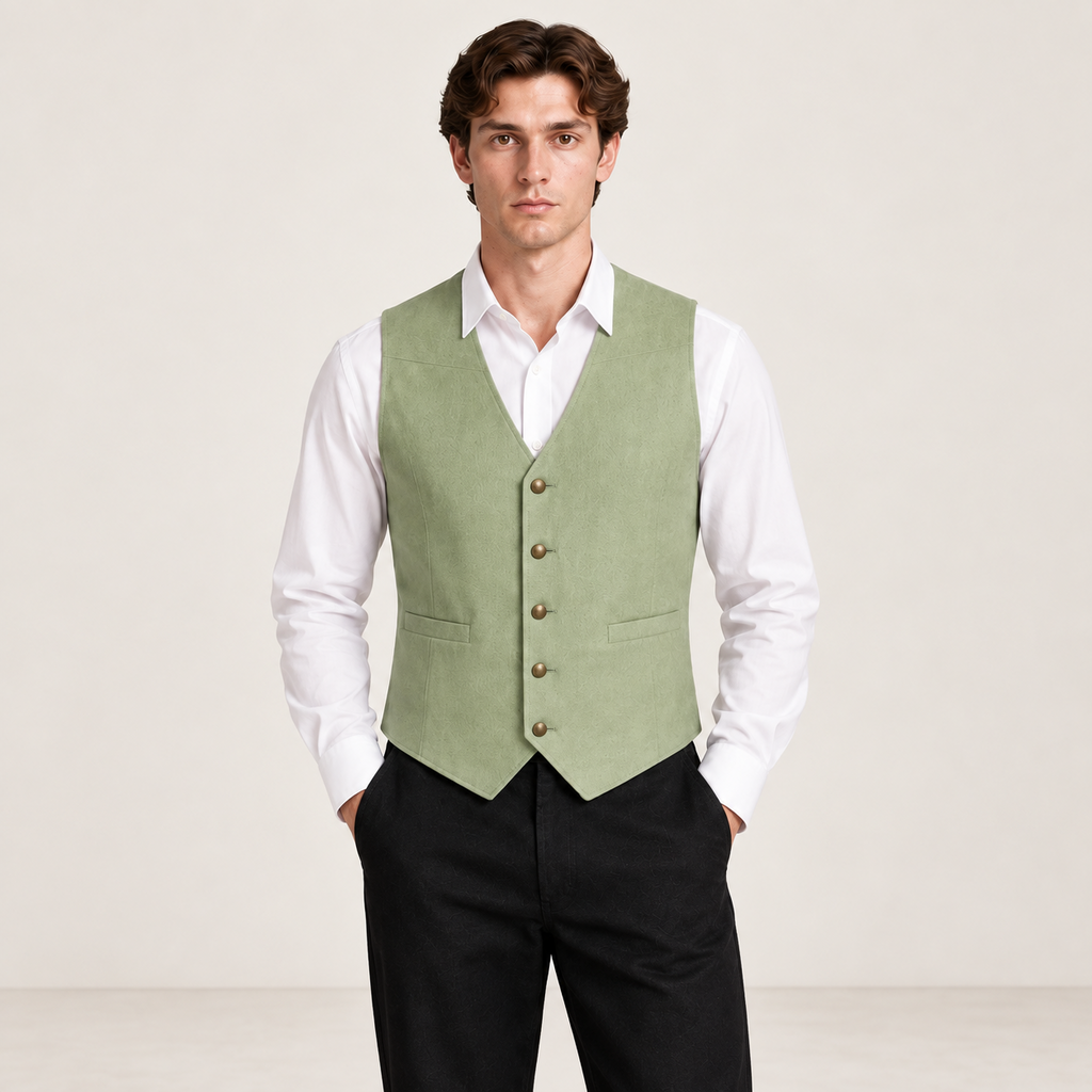 Détail du gilet de costume matcha IVAREE