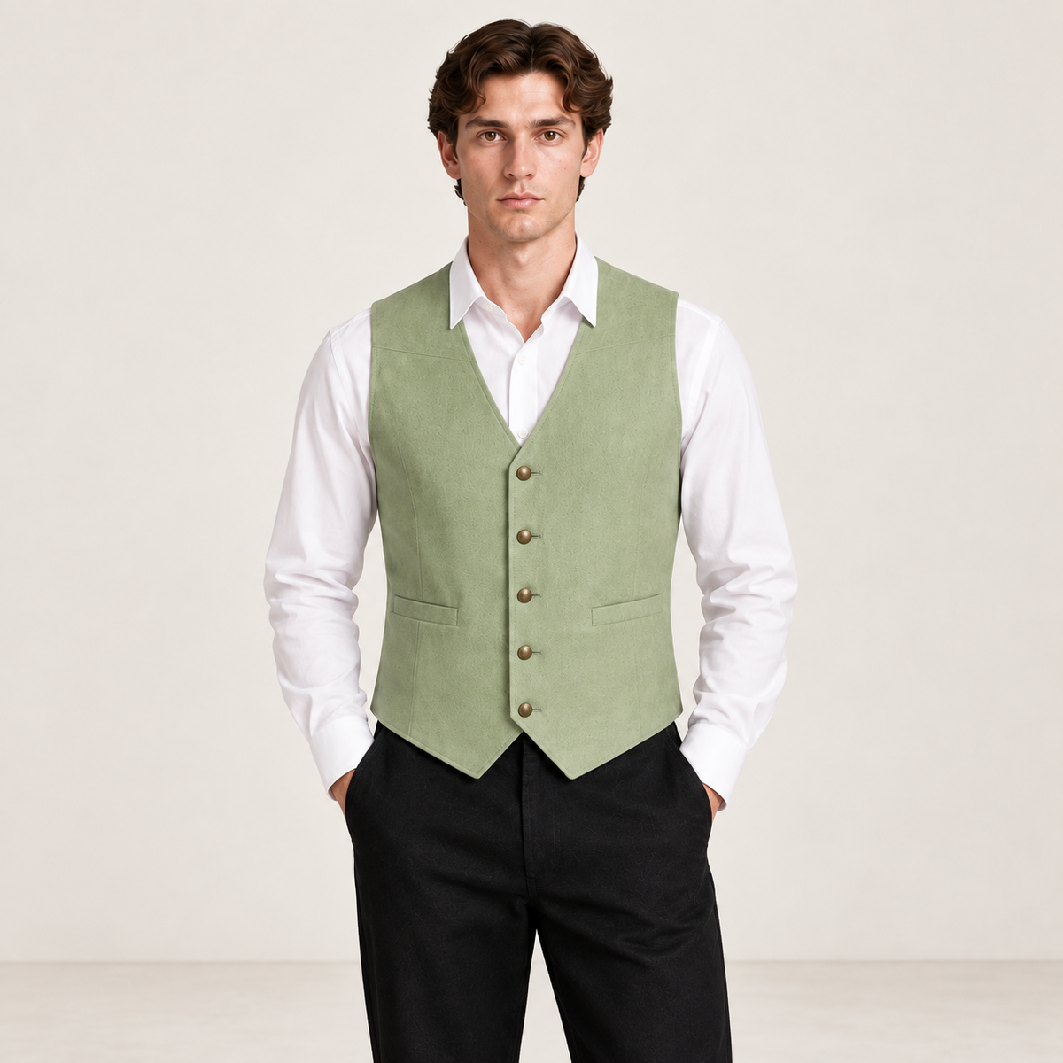 Détail du gilet de costume matcha IVAREE