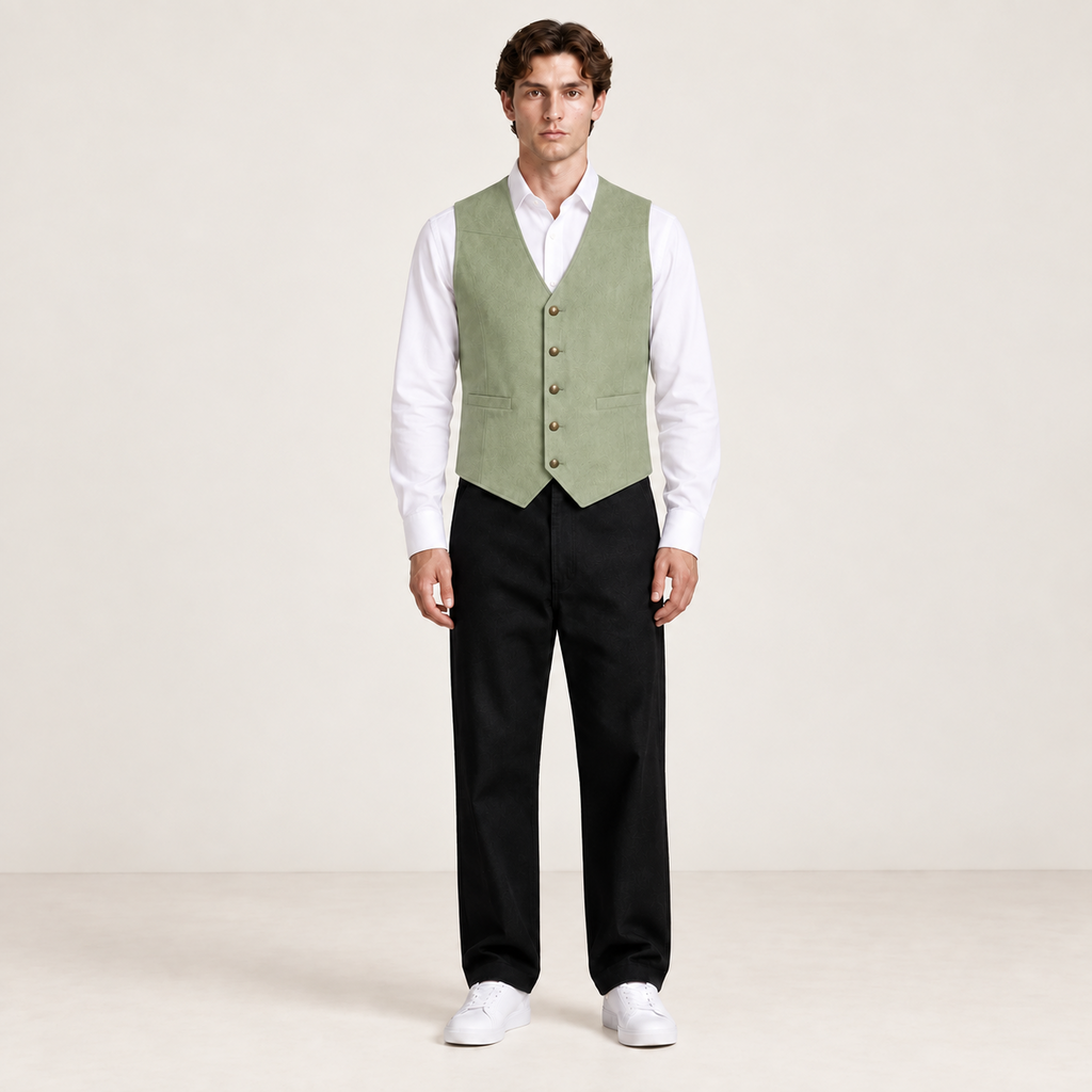 Vue de face du gilet de costume matcha IVAREE