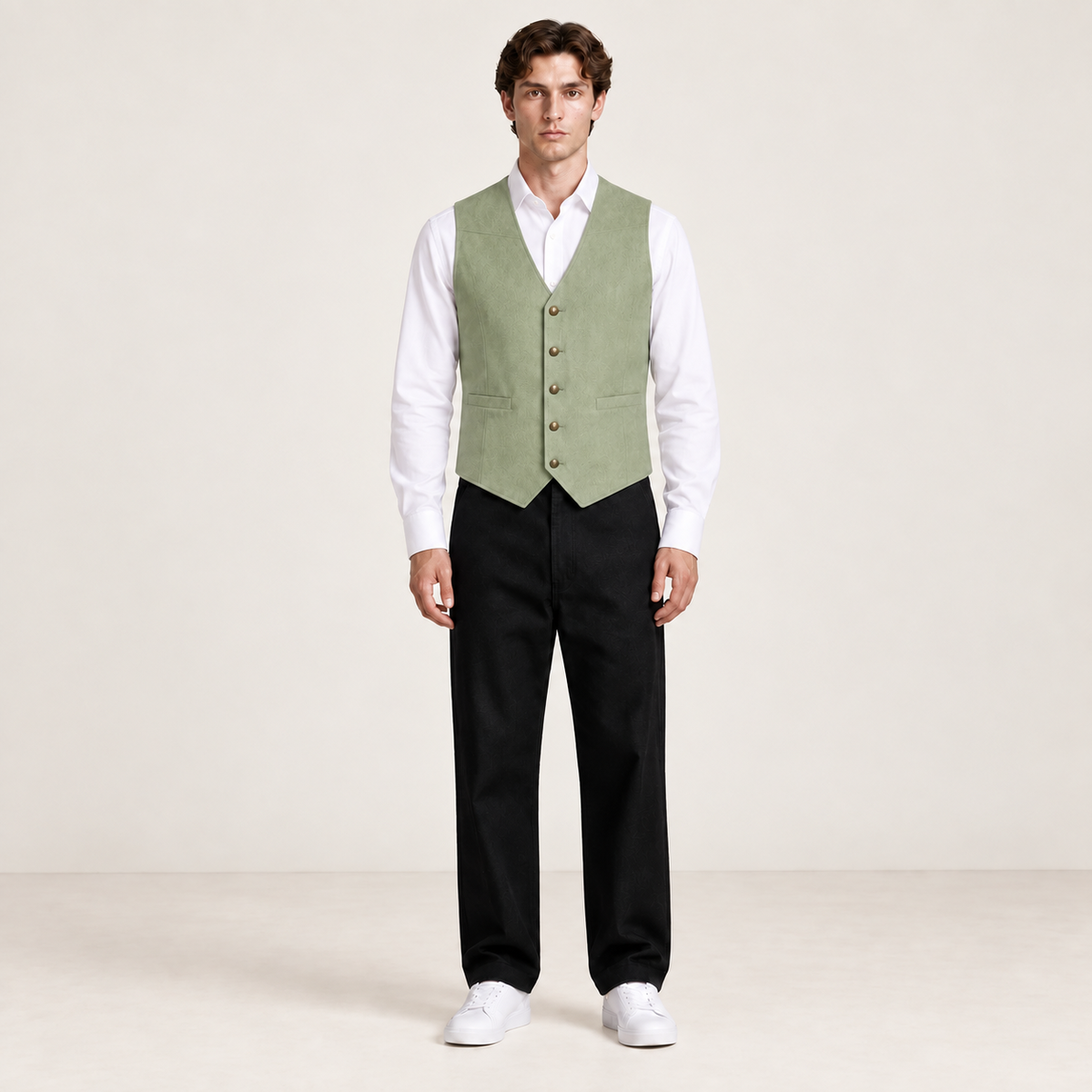 Vue de face du gilet de costume matcha IVAREE