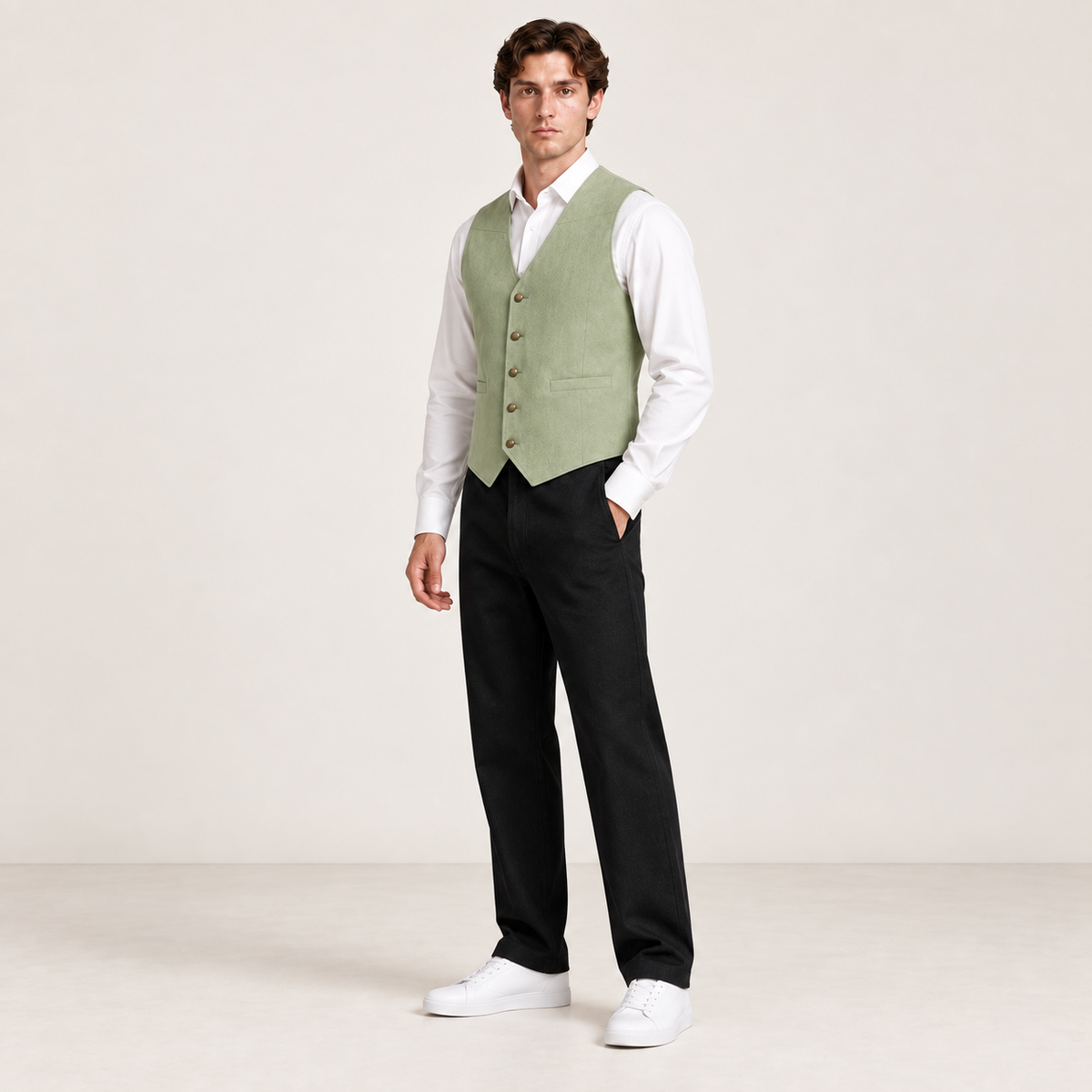 Vue trois-quarts du gilet de costume matcha IVAREE