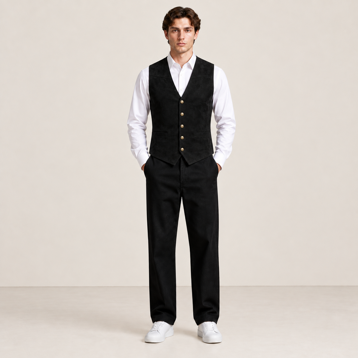 Détail du gilet de costume noir IVAREE